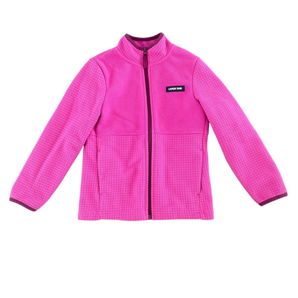 Lands' End Girl's Grid Fleece Jacket Small 6-7 Pink Full Zip Mock Neck Coat Cozy